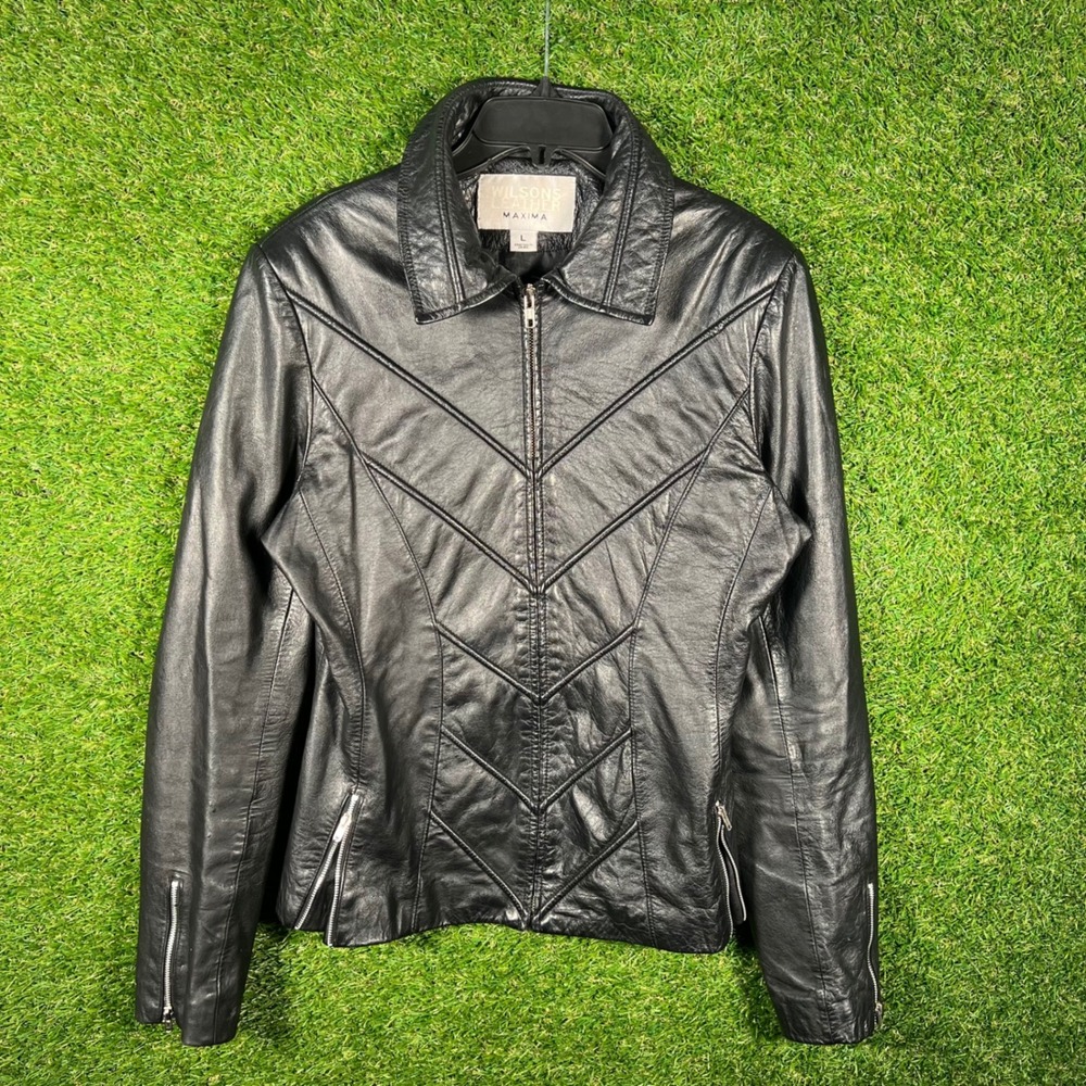 Wilsons Leather Maxima Black Leather‎ Chevron Moto Jacket Womens Large